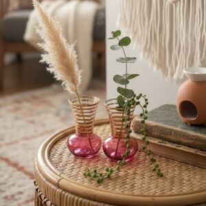 Vintage Pair of Bartlett Collins Hand Blown Glass Cranberry & Gold Bud Vases